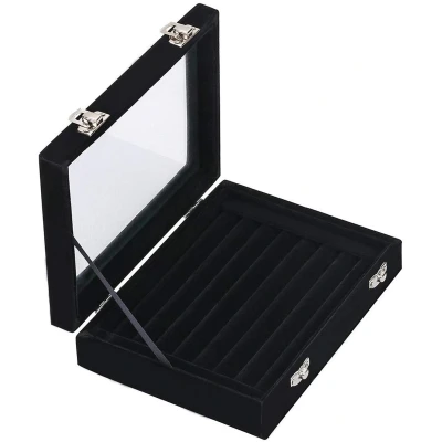 Afbeelding van Kitchnexus ringdoos sieradendoos met glazen deksel, ringopbergdoos fluwelen voor ringen, oorbellen en broches
