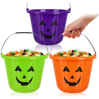 Afbeelding van COM FOUR® 3x Halloween pompoenemmer plastic emmer in pompoendesign voor het verzamelen van snoep opvangzak met handvat