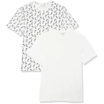 Afbeelding van Amazon Essentials Heren Slim Fit T shirt met korte mouwen en ronde hals, 2 stuks, wit ananasprint, XXL