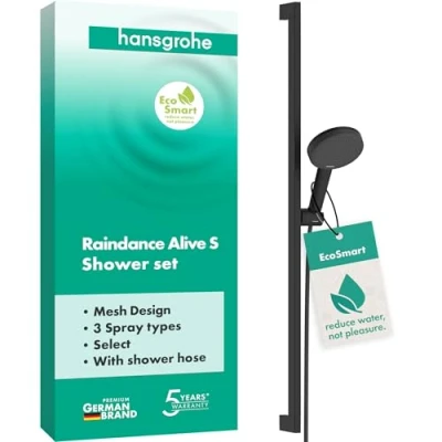 Afbeelding van hansgrohe Raindance Alive Select S Doucheset met douchekop waterbesparend (EcoSmart, 3 jets incl. PowderRain), doucheslang (1,60 m) en douchestang (0,90 m), mat zwart, 24601670
