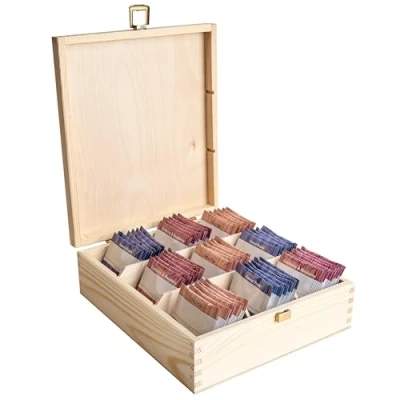 Afbeelding van Creative Deco Houten Theedoos 9 Vakken 23.5 x 20.5 7.5 cm theekist met Deksel Gelakt Hout
