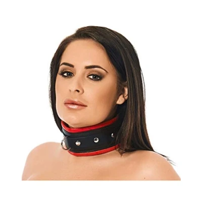Afbeelding van Brede en gevoerde leren collar met D ring zwart/rood maat M/L