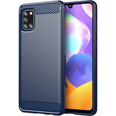 Afbeelding van Cadorabo Hoesje geschikt voor Samsung Galaxy A31 in BRUSHED BLAUW Beschermhoes van flexibel TPU siliconen roestvrij staal carbonvezel look Case Cover