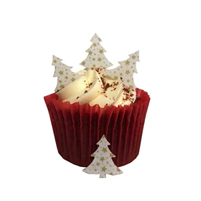 Afbeelding van 50 voorgesneden eetbaar waferpapier mini gouden ster patroon kerstboom taarttoppers perfect voor kerst cupcakes of tafeldecoraties