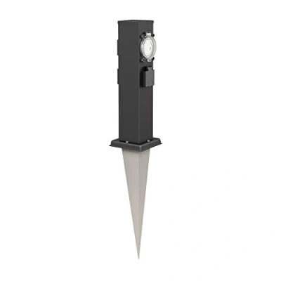 Afbeelding van ledscom.de Tuincontactdoos Polly met grondpin voor buiten, 3 voudig timer/timer, roestvrij staal, vierkant, zwart, 38cm