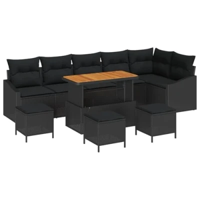 Afbeelding van vidaXL 10 delige Tuin Sofa Set met Kussens Zwart Poly Rattan Acacia