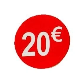 Afbeelding van Prijsetiketten, 20 euro, verpakking van 1000 stuks, rond, rood, open te klappen, prijs, kortingen, aanbieding