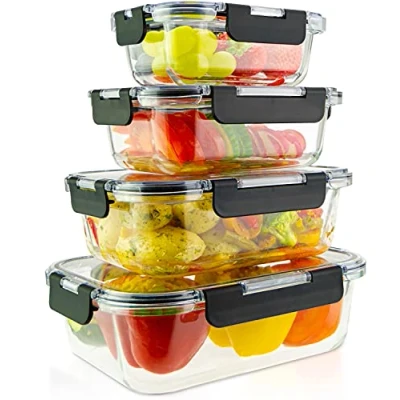 Afbeelding van edallo® 4 glazen vershouddozen met Tritan deksel lekvrij, stapelbaar vaatwasser, oven, vriesvak, magnetronservies geschikt voorraaddozen glas set: 370 ml, 640 1040 1520 ml