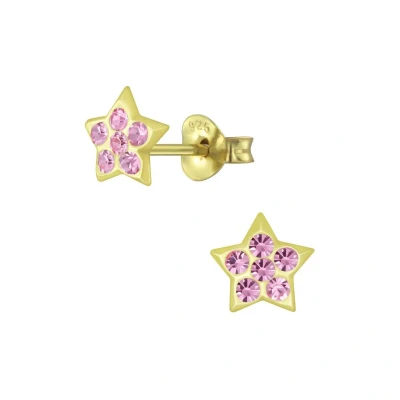 Afbeelding van JoyS Zilveren ster oorbellen 6 mm kristal roze 14k goudplating