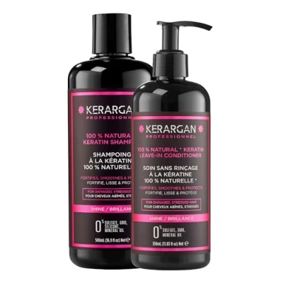 Afbeelding van Kerargan Duo Shampoo en Leave In Behandeling met Keratine Voor Beschadigd Gestrest Haar Versterkt, Maakt Glad Beschermt Zonder Sulfaten, Parabenen Siliconen 500ml + 350ml