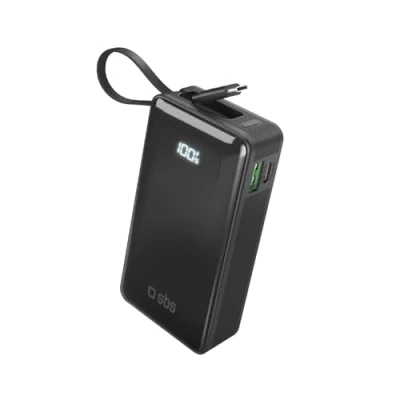 Afbeelding van SBS 10.000 mAh powerbank met geïntegreerde USB C kabel (10000 mAh, 20 W, 37 Wh), Powerbank, Zwart