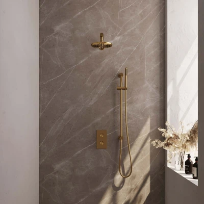 Afbeelding van BRAUER Gold Edition thermostatische inbouw regendouche 3 weg omstelling SET 37 met 20 cm douchekop en rechte muurarm staaf handdouche