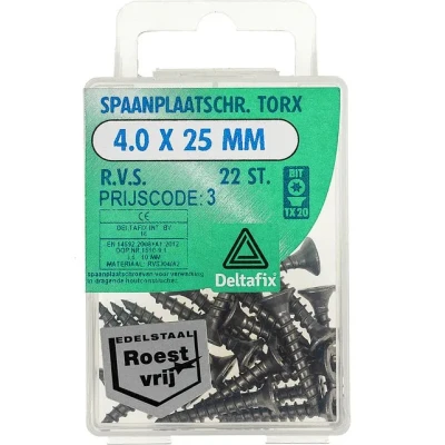 Afbeelding van Deltafix spaanplaatschroef platkop / torx r.v.s. a2 4.0 x 25 mm 22 st.