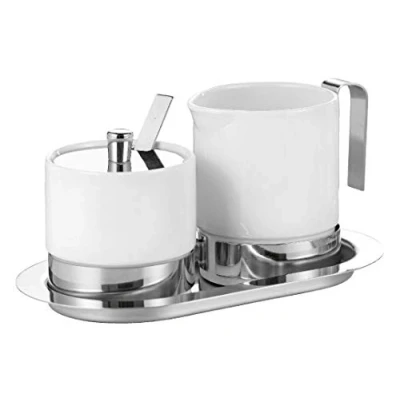 Afbeelding van Suiker en crèmeset ADAM, 4 stuks, wit porselein, roestvrij staal, crème pourer 0,25 l, suikerpotje 0,2 l