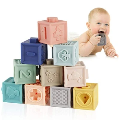 Afbeelding van Mini Tudou Babybouwstenen, speelgoed, stapelkubus, bouwen, motoriekspeelgoed, babybijtring, educatief speelgoed met cijfers, dieren, vormen, texturen, vanaf 6 maanden, 12 stuks