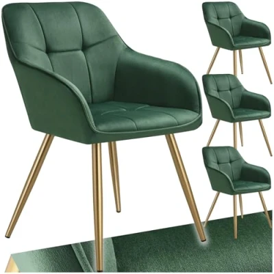 Afbeelding van tectake® Fluwelen Stoel Eetkamerstoel Met Gewatteerde Stof, Moderne Keukenstoelen, Comfortabele Fauteuil Voor Woonkamer, Eetkamer, Lounge groen / goud