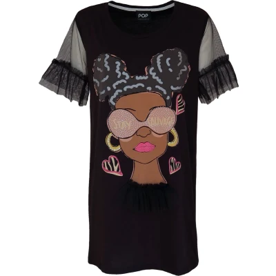 Afbeelding van Verysimple lang zwart shirt met dame maat L (IT46)