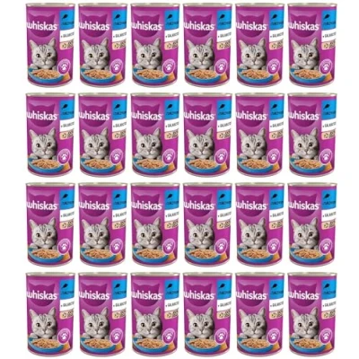 Afbeelding van Whiskas Kattenvoer, natvoer voor volwassenen 1+ met tonijn in gelei, 24 blikjes (24 x 400 g)