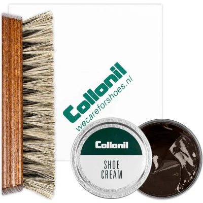 Afbeelding van Collonil Schoenpoets set 3 delig Shoe cream Poetsdoek Borstel Pony Donker bruin