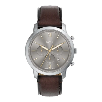 Afbeelding van Fossil Quartz Bruin Heren horloge met grijze wijzerplaat &amp; leren band