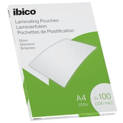 Afbeelding van Ibico A4 Lamineerhoezen, 200 Micron (2x100), Erg goede beschermhoes voor documenten en duurzaam, Pak van 100 stuks, Glanzende Afwerking, Kristalhelder, 627317