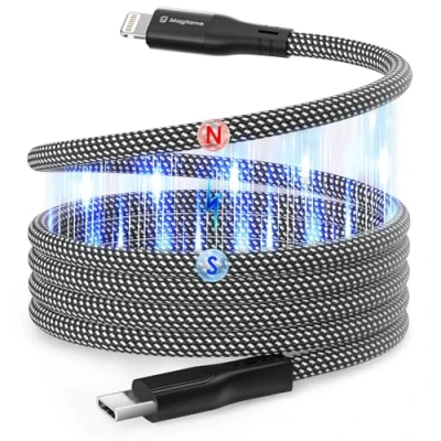 Afbeelding van Magtame Magnetische USB C naar Lightning kabel, coiled, 1 m, MFi gecertificeerd, gevlochten, snellaadkabel voor iPhone 14, 13, 12, 11 Pro Max, XR, XS, X, 8 Plus, SE, zwart