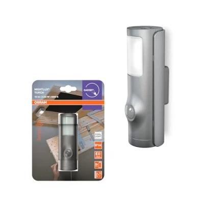 Afbeelding van OSRAM LED nachtlampje zilver, 2in1 zaklampfunctie, lichtsensor, bewegingsmelder, op batterijen, IP54 spatwaterdicht