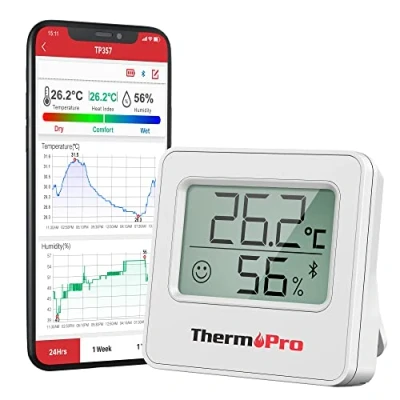 Afbeelding van ThermoPro TP357 Kamerthermometer, thermometer hygrometer, Bluetooth 80m, digitaal, met app, luchtvochtigheidsmeter smiley aanduiding en grafiek