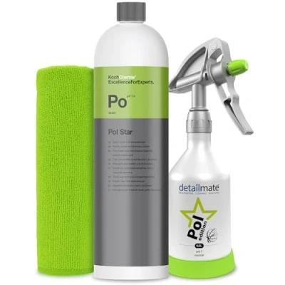 Afbeelding van Detailmate Interieurreinigingsset, Koch Chemie Pol Star, textiel , leer en alcantara reiniger, 1 liter by Kwazar PRO+, 360 graden spuitfles 0,5 l, trekker met dubbele actie, microvezeldoek 40 x cm