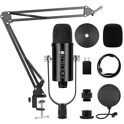Afbeelding van Kalawen USB microfoon, pc condensatormicrofoon, cardioïde podcast, microfoonkit met arm, microfoonstandaard, schokdemperhouder, opnamemicrofoon voor studio, broadcast, YouTube, video