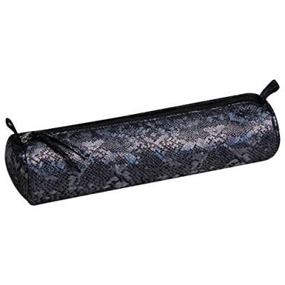 Afbeelding van Clairefontaine 410027C Zwarte ronde schooltas met schubbenmotief Ø 5,5 x 22 cm van echt lamsleer, schoolbenodigdheden, etui kleurpotloden, pennenhouder