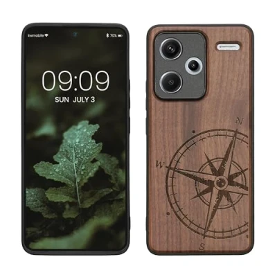 Afbeelding van kwmobile telefoonhoesje geschikt voorXiaomi Redmi Note 13 Pro+ 5G / Pro Plus Hoesje met bumper hout In donkerbruin Vintage Kompas design