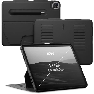 Afbeelding van Zugu case iPad Pro 12.9 Gen 5 &amp; 6 (2021/2022) oersterke luxe flip over volledige 360˚ bescherming met multifunctionele standaard functie geschikt voor Apple Pencil Zwart