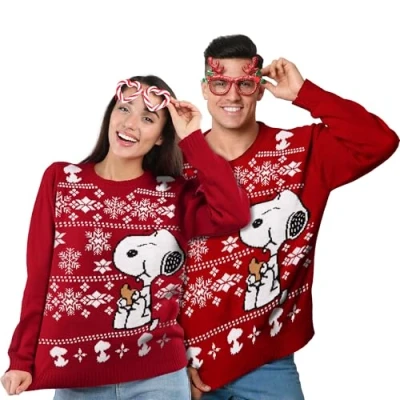 Afbeelding van The Peanuts wintertrui, uniseks, Snoopy gebreide sweatshirt, lelijke sweater voor heren en dames, rood, L