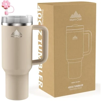 Afbeelding van 40 oz beker met rietje en deksel geïsoleerde roestvrijstalen reismok handvat thermosbeker voor warme koude dranken 10 uur koud of warm 48 ijs 1200 ml rozenkwarts