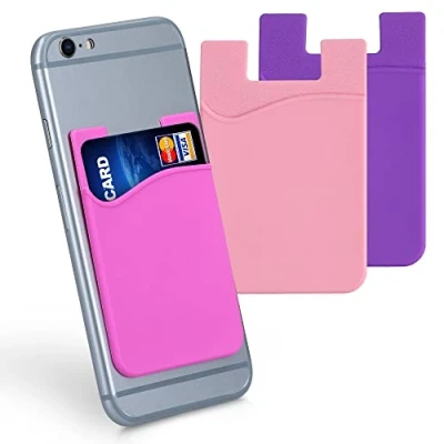 Afbeelding van kwmobile 3 x zelfklevende kaarthouder voor telefoon, siliconen hoes smartphone, blauw kaartformaat, lichtroze, fuchsia paars