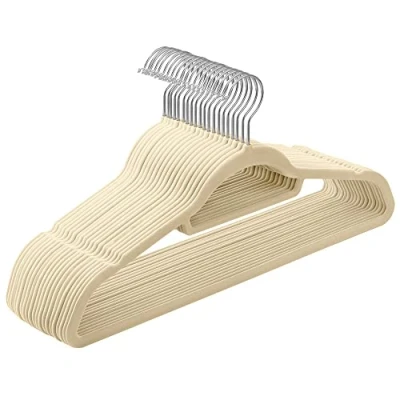 Afbeelding van SONGMICS Kleerhangers fluweel, set van 20, antislip, kleine stang voor stropdassen, 360 draaibare haak, 0,6 cm dik, ruimtebesparend, 43,5 lang, mantels, broeken, zilver beige, CRF020M20
