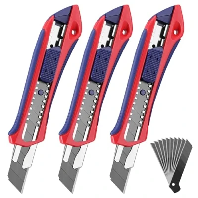 Afbeelding van WORKPRO 3 stuks cuttermessen set 18 mm met 10 reservemesjes van SK5, professionele cuttermes rubberen handgreep, afbreekmes, kartonnen mes, multifunctioneel snijden voor papier, karton