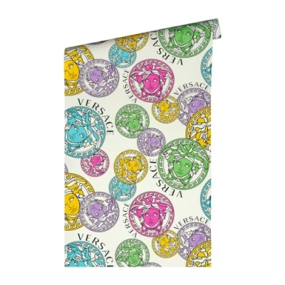 Afbeelding van &quot;MEDUSA HOOFD&quot; SATIJN GLANZEND BEHANG Design bont wit roze blauw groen A.S. Création Versace 5