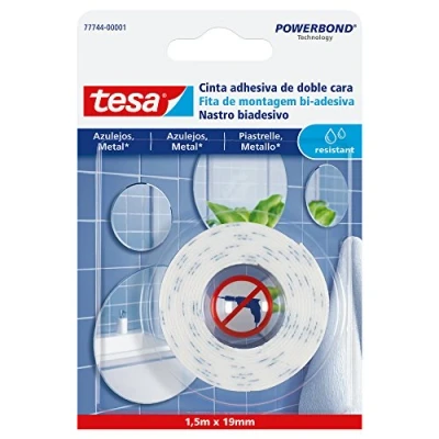 Afbeelding van tesa Dubbelzijdig plakband voor tegels en metaal, duurzame bevestiging van spiegels andere dunne voorwerpen in vochtige ruimtes, 1,5 m x 19 mm