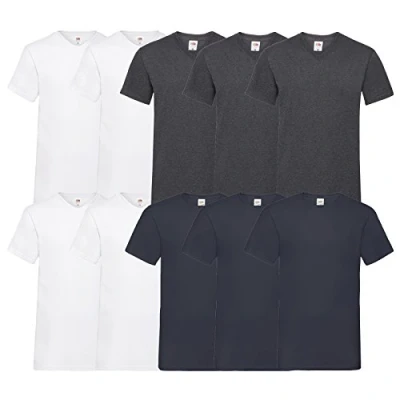 Afbeelding van Fruit of the Loom T shirt, met V hals, in verschillende maten en kleuren, 10 stuks, 4 wit 3 donker marineblauw donkergrijs gemêleerd, L