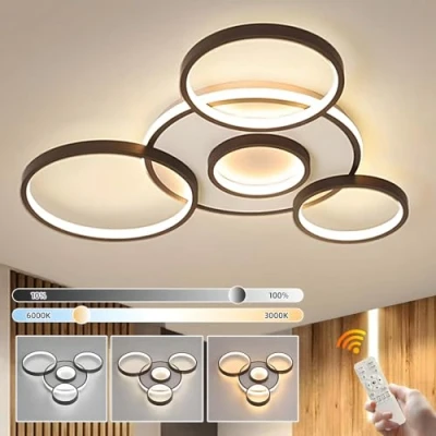 Afbeelding van YYUTLUO Moderne LED Plafondlamp, Ø70cm Zwarte Multi Cirkellamp, 58W Traploos Dimbaar 3000 6000K, Rond Metaal + Acryl Kroonluchter, Slaapkamer Wonen Kinderen Kantoor Studeerkeuken Hal (5 Ringen)