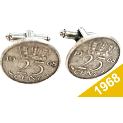Afbeelding van Manchetknopen Kwartje 1968 Verzilverd Uniek en Stijlvol Sieraad met Jaartal Cadeau Geboortejaar Alle Jaartallen Beschikbaar Doorsnede 1,8 cm