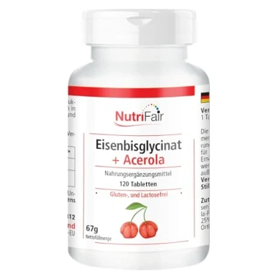 Afbeelding van IJzerbisglycinaat + acerola met 40mg ijzer &amp; 160mg per tablet 120 tabletten hoge dosering 100% veganistisch Duitse productie laboratoriumtests NutriFair Premium Fair