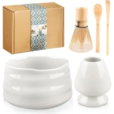Afbeelding van BORDEAG matcha Theeset 5 delige set voor Japanse theeceremonie handgemaakt met schaal, garde, bezemhouder, pollepel, theelepel en geschenkdoos (wit)