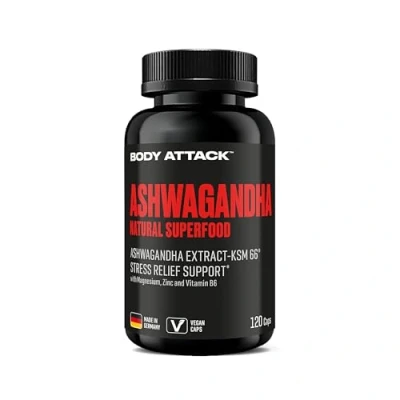 Afbeelding van Body Attack Ashwagandha KSM 66® capsules, 120 stuks, hooggedoseerd, gepatenteerd wortelextract, Made in Germany, Indiase slaapbessen, voor regeneratie, stressvermindering en een geoptimaliseerde