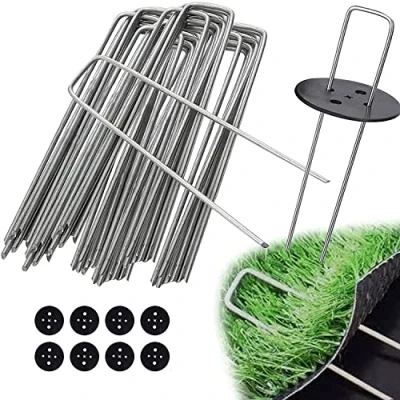 Afbeelding van EDIESI, Kunstgras nietjes, onkruiddoek voor de tuin, 50 stuks + 8 sluitringen, haringen van verzinkt roestvrij staal, houder camping (50 stuks)