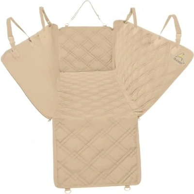Afbeelding van Meadowlark® Beige hondendeken voor auto achterbank, Waterdicht! Robuust honden autostoelhoes, Deuren en hoofdsteun bescherming, Extra gewatteerd, universele maat