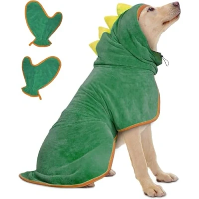 Afbeelding van Bibykivn Hondenbadjas, badjas voor honden, microvezel, zachte handdoek dinosaurus, om je hond te drogen na het zwemmen en baden (groen, M)