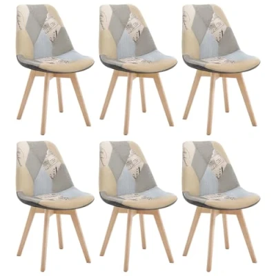 Afbeelding van WOLTU Eetkamerstoelen, set van 6, keukenstoelen met patchwork, massief houten poten, linnen, tot 150 kg belastbaar, grijs + kaki